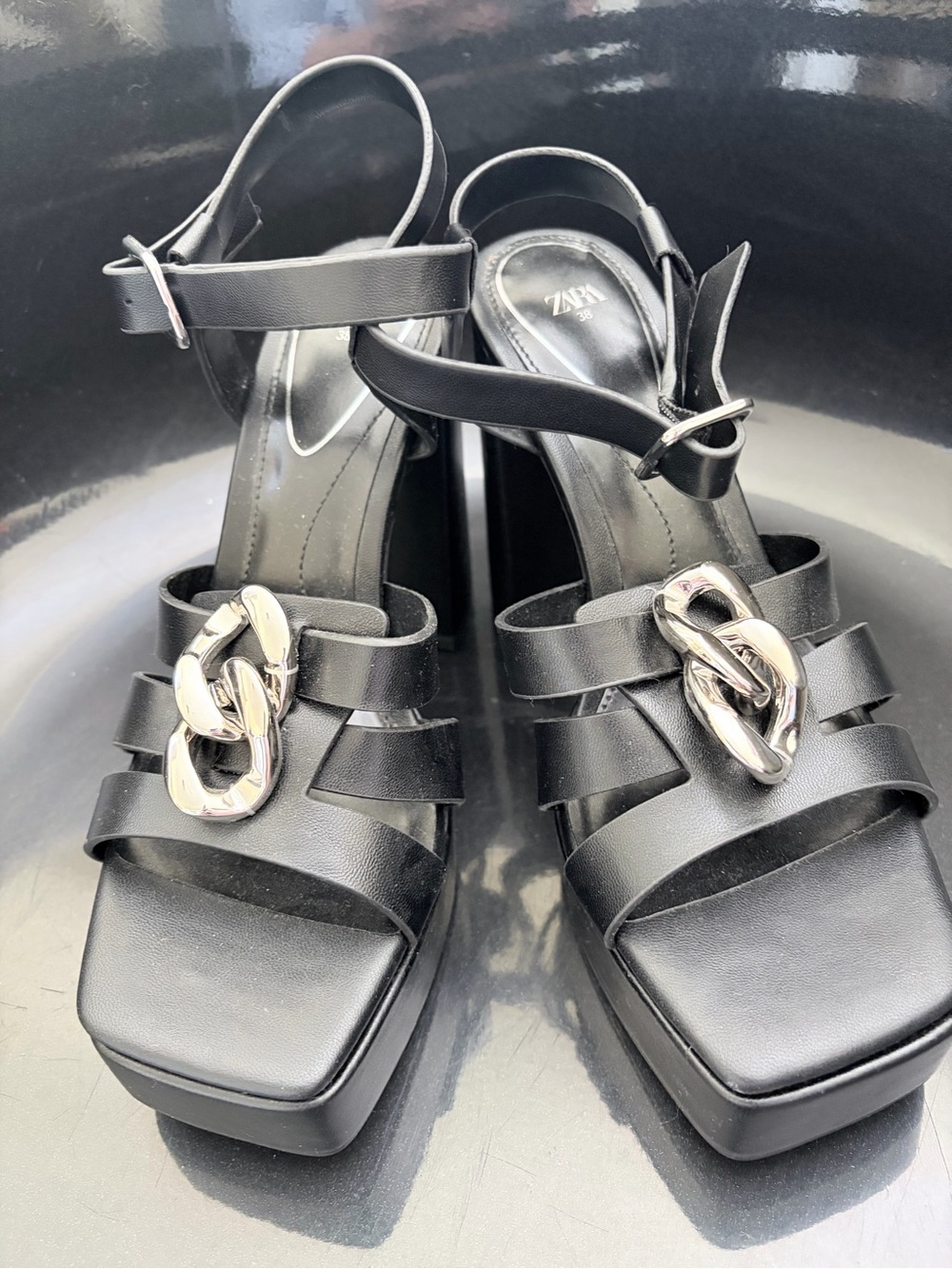 Zara Black Platform Sandals with Silver Chain Accent nwot